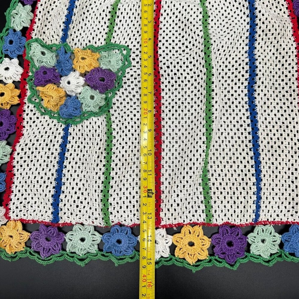 Vintage Floral Apron Handmade Crochet Knitted Flowers Rainbow Stripes Retro - Picture 6 of 7